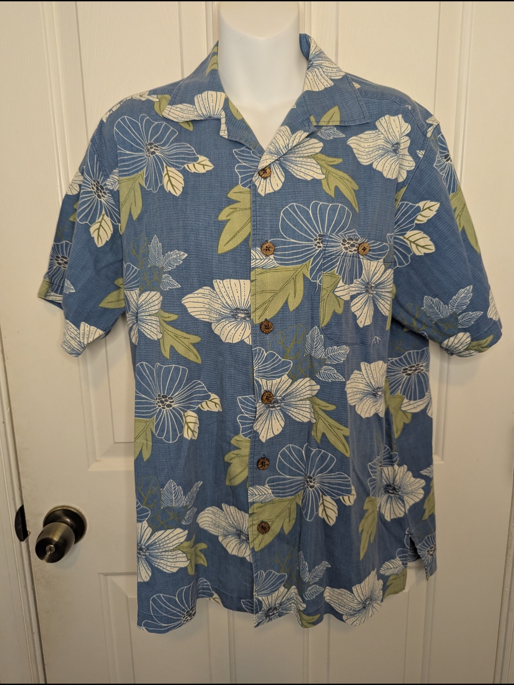 JOE MARLIN Vintage Blue Floral Beach Wooden Cruise Hawaiian Shirt Men’s Size M